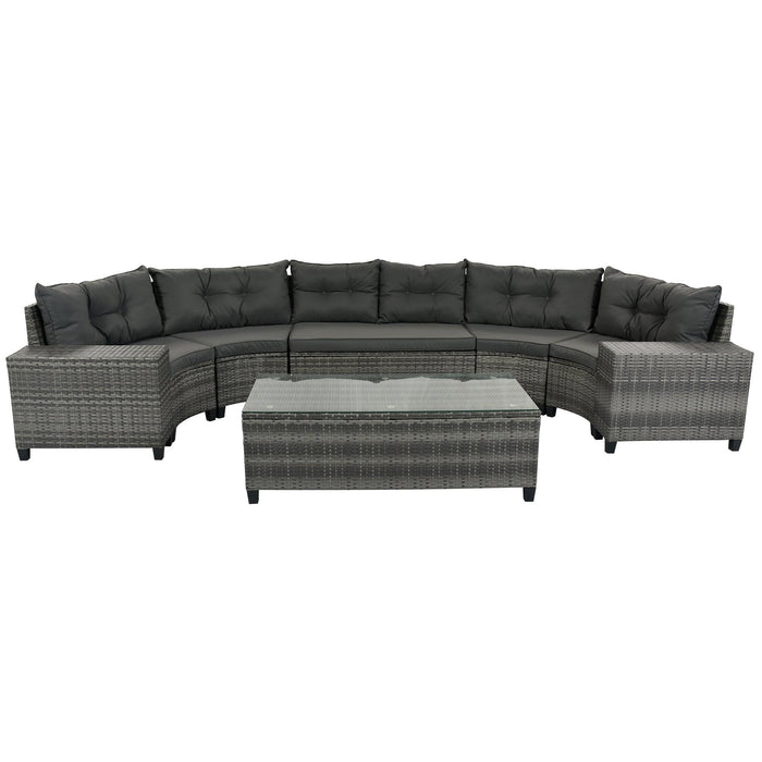 8 PCS Outdoor All Weather Wicker Rattan Half-Moon Sectional Set with CoffeeTable and Movable Gray Cushions