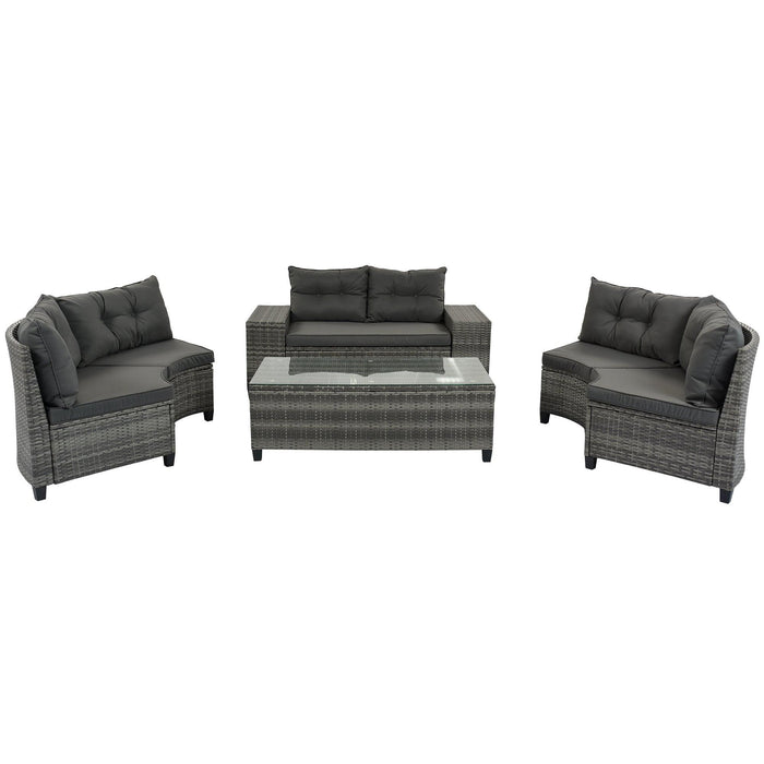 8 PCS Outdoor All Weather Wicker Rattan Half-Moon Sectional Set with CoffeeTable and Movable Gray Cushions