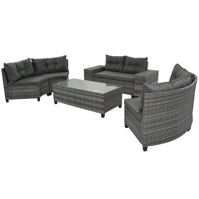 8 PCS Outdoor All Weather Wicker Rattan Half-Moon Sectional Set with CoffeeTable and Movable Gray Cushions