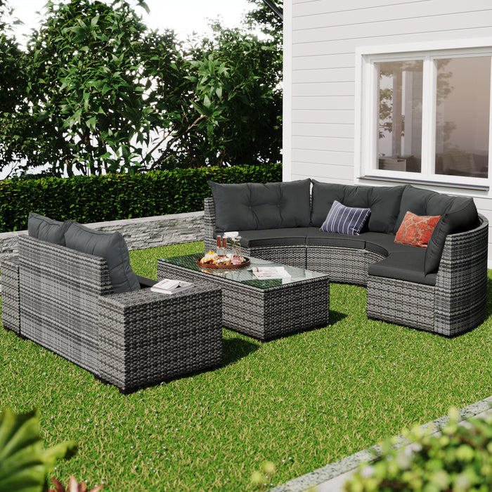 8 PCS Outdoor All Weather Wicker Rattan Half-Moon Sectional Set with CoffeeTable and Movable Gray Cushions