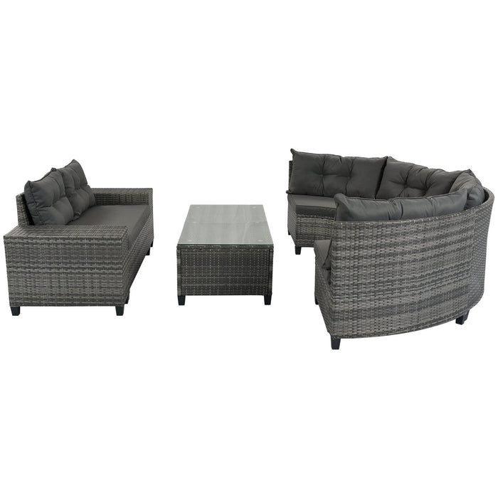 8 PCS Outdoor All Weather Wicker Rattan Half-Moon Sectional Set with CoffeeTable and Movable Gray Cushions