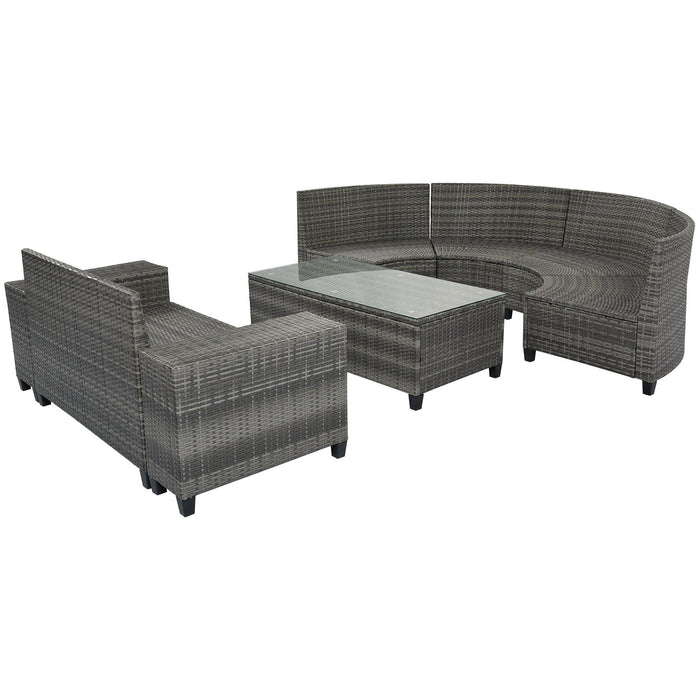 8 PCS Outdoor All Weather Wicker Rattan Half-Moon Sectional Set with CoffeeTable and Movable Gray Cushions