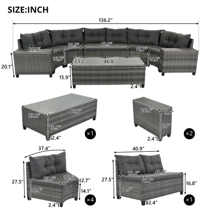 8 PCS Outdoor All Weather Wicker Rattan Half-Moon Sectional Set with CoffeeTable and Movable Gray Cushions