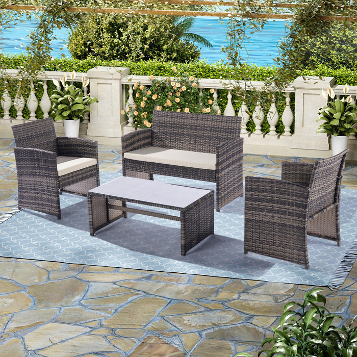 4 PCS Outdoor Rattan Furniture Sofa And Table Set with Beige Cushion