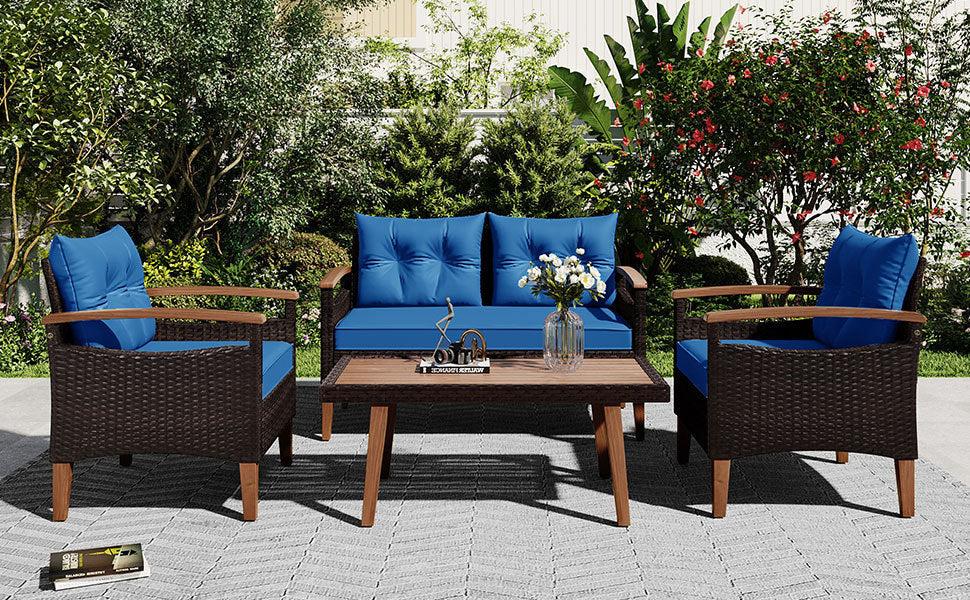 4 PCS Outdoor Garden PE Rattan Seating Furniture Set with Blue Cushions