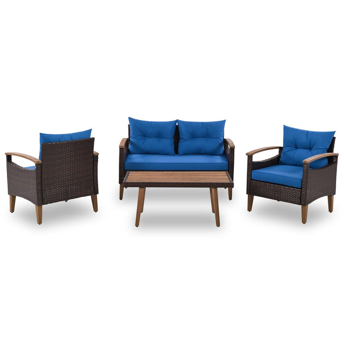 4 PCS Outdoor Garden PE Rattan Seating Furniture Set with Blue Cushions