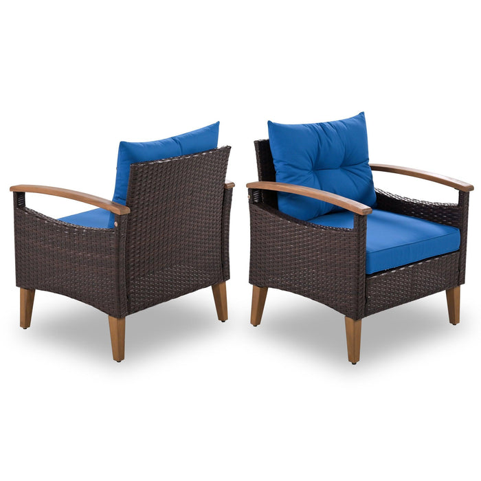 4 PCS Outdoor Garden PE Rattan Seating Furniture Set with Blue Cushions