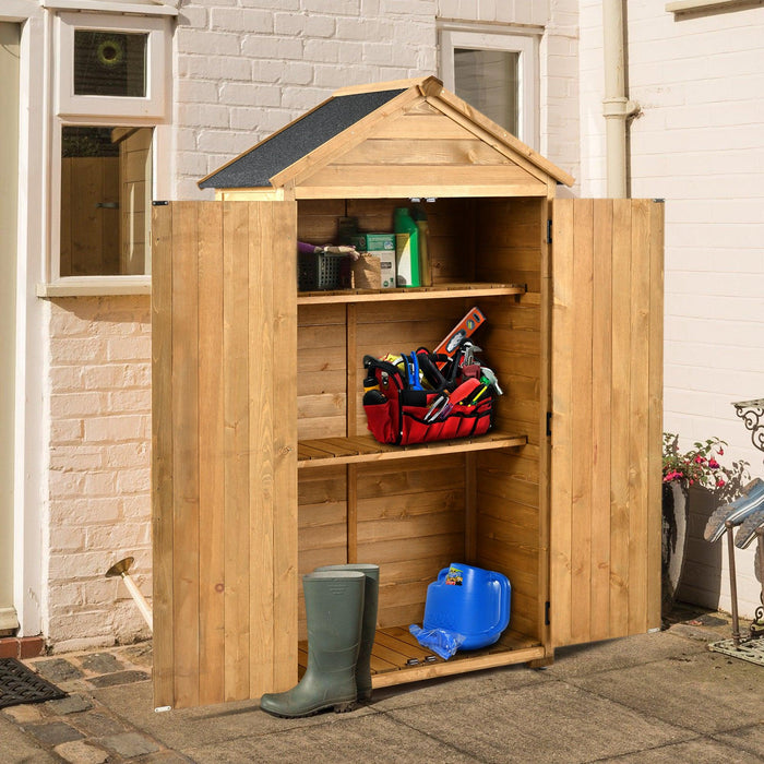 5.8ft x 3ft Outdoor Wood Lean-toStorage Shed Tool Organizer with Waterproof Asphalt Roof, Lockable Doors, 3-tier Shelves for Backyard - Natural