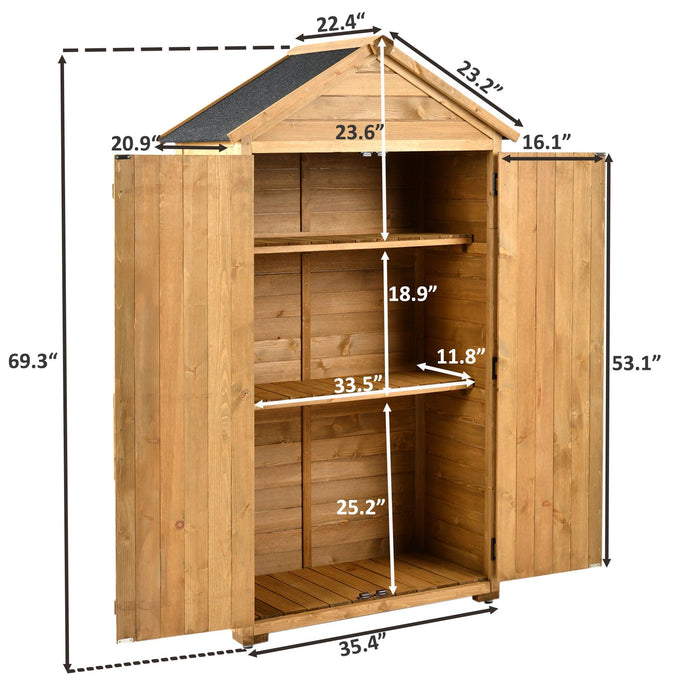 5.8ft x 3ft Outdoor Wood Lean-toStorage Shed Tool Organizer with Waterproof Asphalt Roof, Lockable Doors, 3-tier Shelves for Backyard - Natural