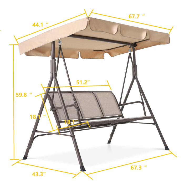 3 Person Outdoor Patio Steel Frame Swing Chair with Textilene Seats and Adjustable Beige Canopy