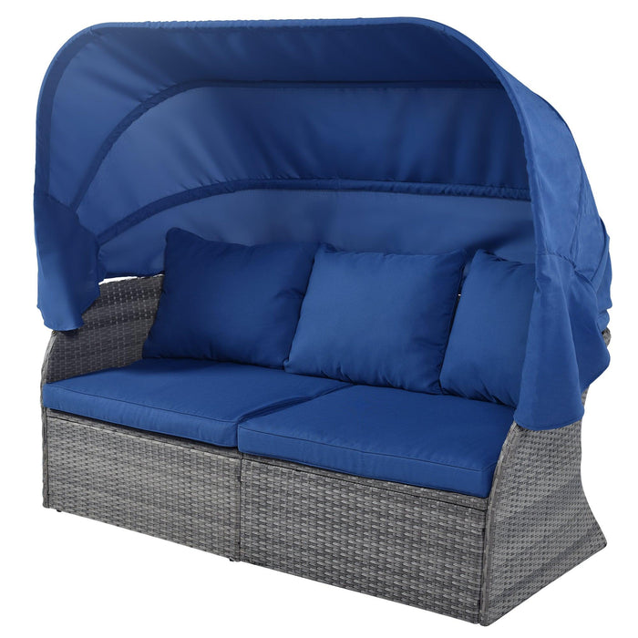 Outdoor Patio Furniture Set Daybed Sunbed with Retractable Canopy and Blue Cushions