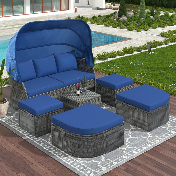 Outdoor Patio Furniture Set Daybed Sunbed with Retractable Canopy and Blue Cushions