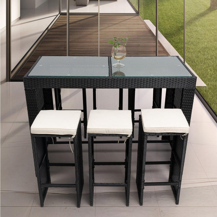 7 PCS Patio Rattan Wicker Outdoor Furniture Bar Set with 6 Stools Removeable Cushions and Temper Glass Top