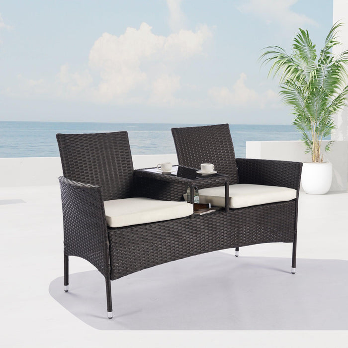 Outdoor Wicker Rattan Double Sofa Lover Chair with Coffee Table and Beige Cushion