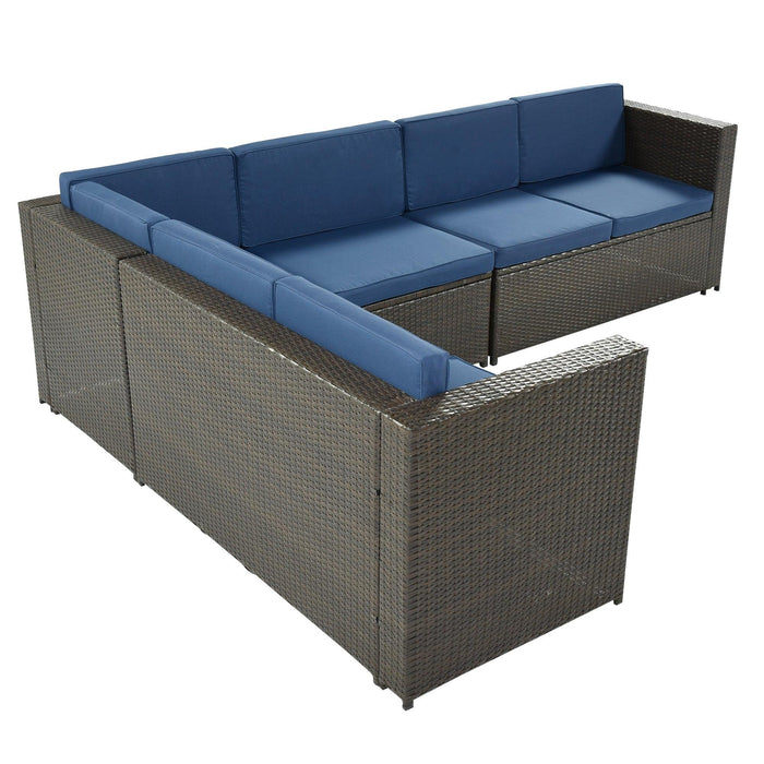 9 PCS Outdoor Black Rattan Sectional Seating Group with Blue Cushions and Ottoman