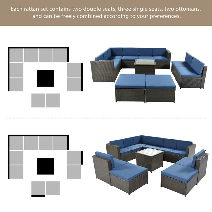 9 PCS Outdoor Black Rattan Sectional Seating Group with Blue Cushions and Ottoman