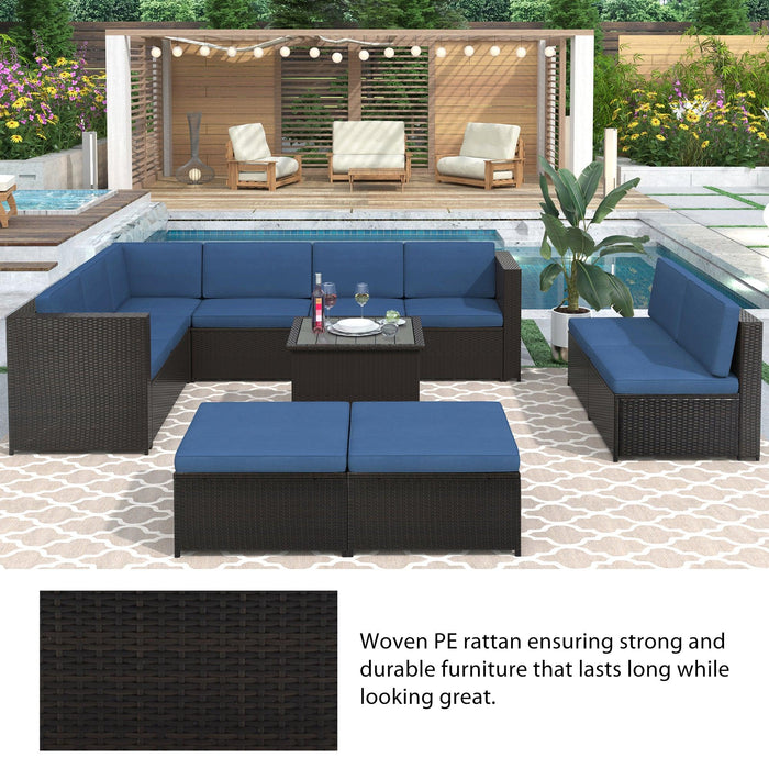 9 PCS Outdoor Black Rattan Sectional Seating Group with Blue Cushions and Ottoman