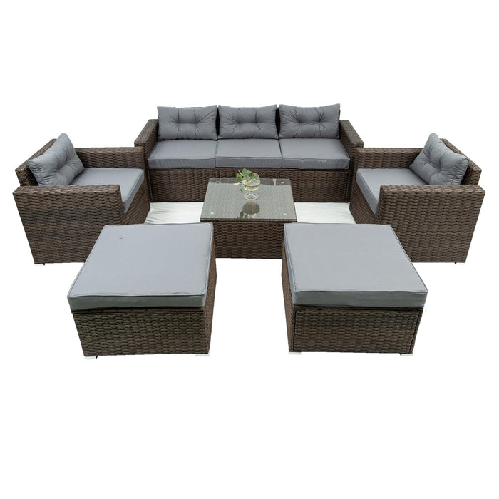 6 PCS Outdoor Patio Rattan Wicker Arrangeable Sofa Set with Removeable Cushions and Temper Glass Table Top