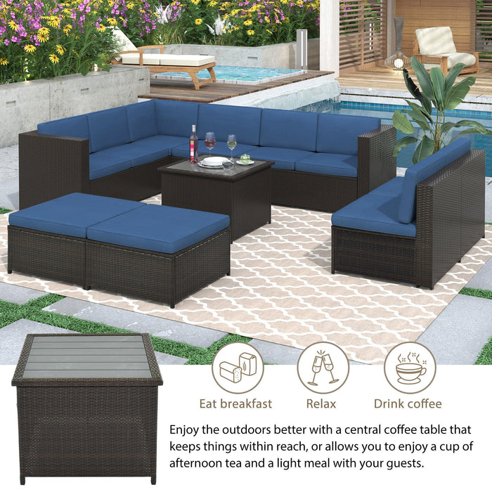 9 PCS Outdoor Black Rattan Sectional Seating Group with Blue Cushions and Ottoman