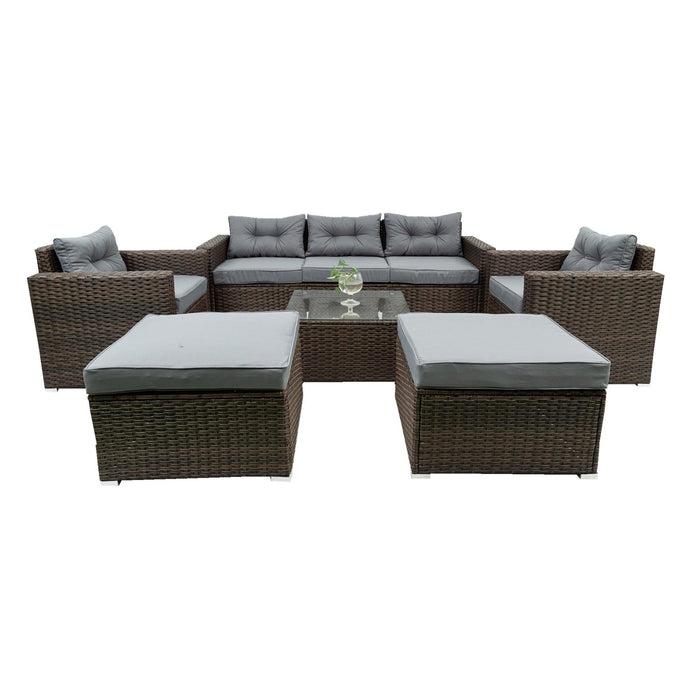 6 PCS Outdoor Patio Rattan Wicker Arrangeable Sofa Set with Removeable Cushions and Temper Glass Table Top