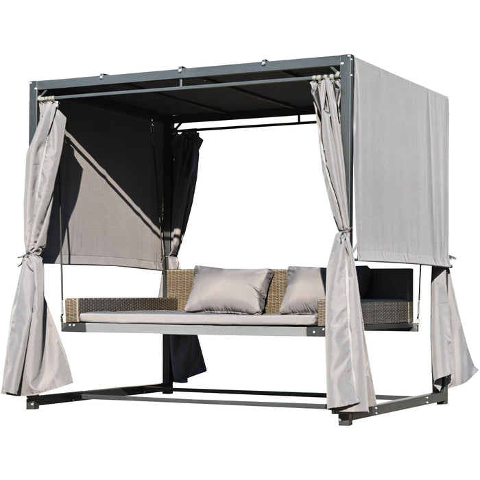 Outdoor Swing Bed with Gray Curtain and Gray Cushion