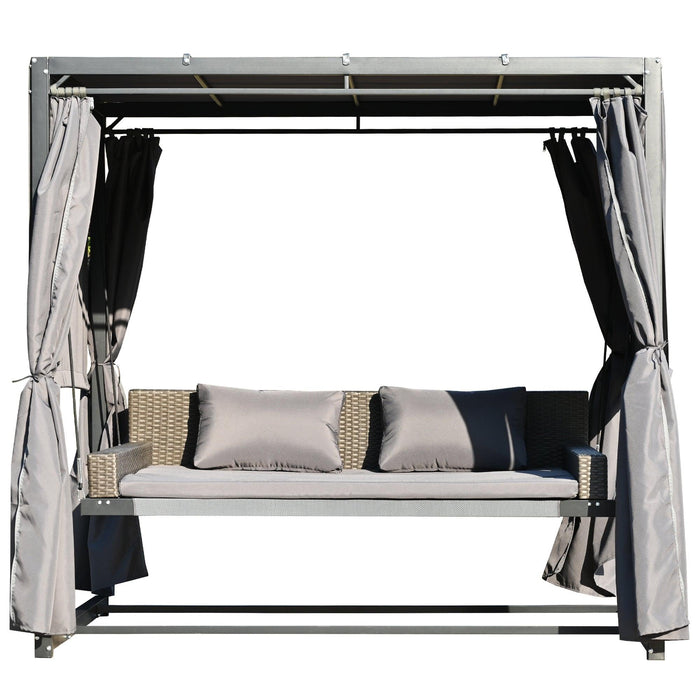 Outdoor Swing Bed with Gray Curtain and Gray Cushion