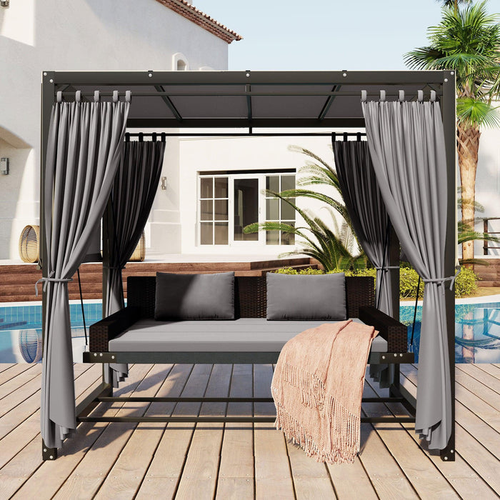 Outdoor Swing Bed with Gray Curtain and Gray Cushion