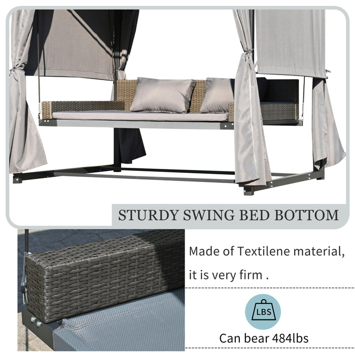 Outdoor Swing Bed with Gray Curtain and Gray Cushion