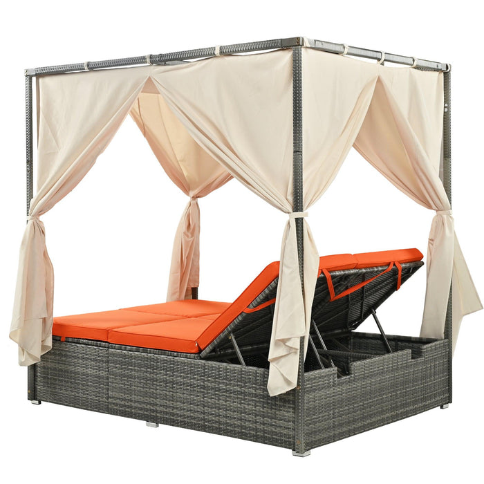 Adjustable Sun Bed With Beige Curtain and Orange Cushion