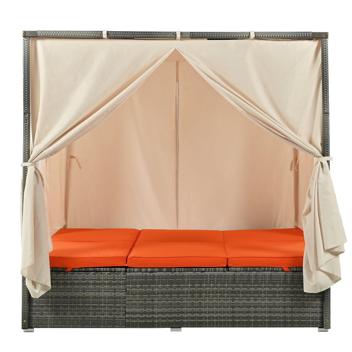 Adjustable Sun Bed With Beige Curtain and Orange Cushion