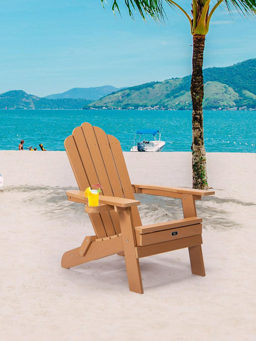 Folding Outdoor Poly Lumber Adirondack Chair with Pullout Ottoman and Cup Holder - Brown