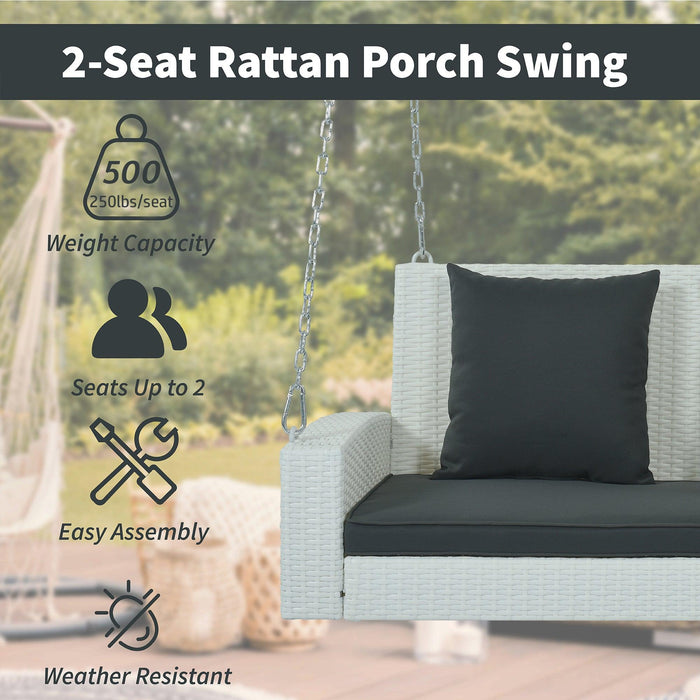 2-Person White Wicker Hanging Porch Swing with Chains, Black Cushions and Pillows