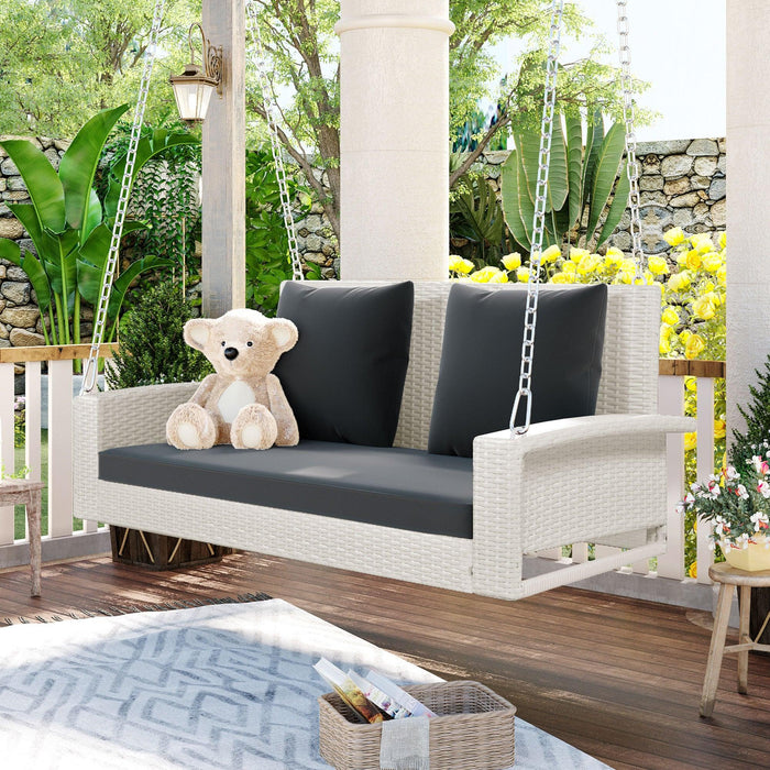 2-Person White Wicker Hanging Porch Swing with Chains, Black Cushions and Pillows