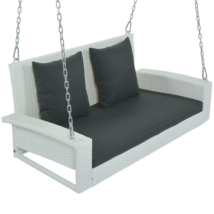 2-Person White Wicker Hanging Porch Swing with Chains, Black Cushions and Pillows