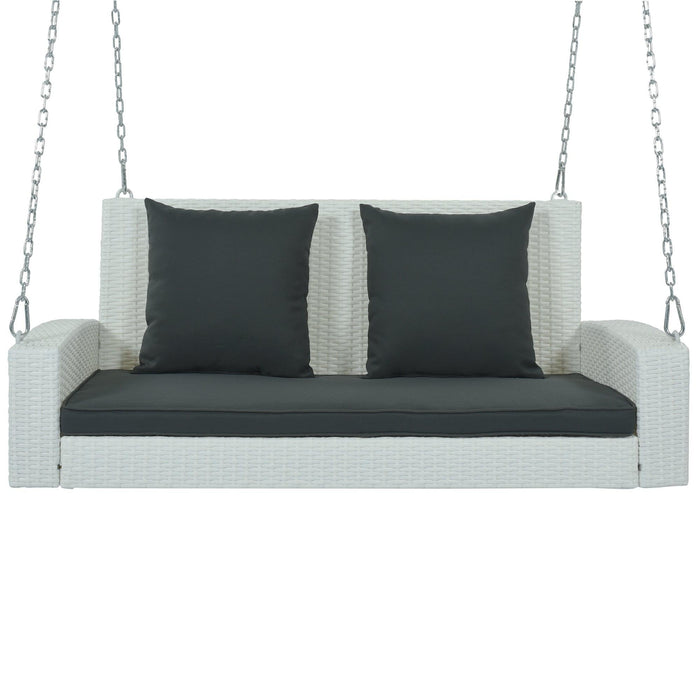 2-Person White Wicker Hanging Porch Swing with Chains, Black Cushions and Pillows