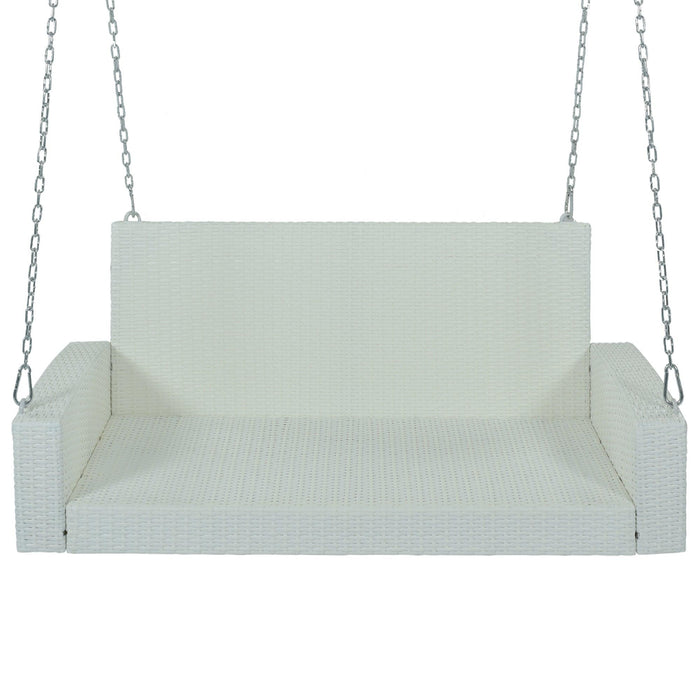 2-Person White Wicker Hanging Porch Swing with Chains, Black Cushions and Pillows