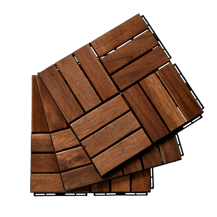 10 PCS Outdoor Square Brown Acacia Hardwood 12" x 12" Interlocking Deck Tiles Checker Pattern