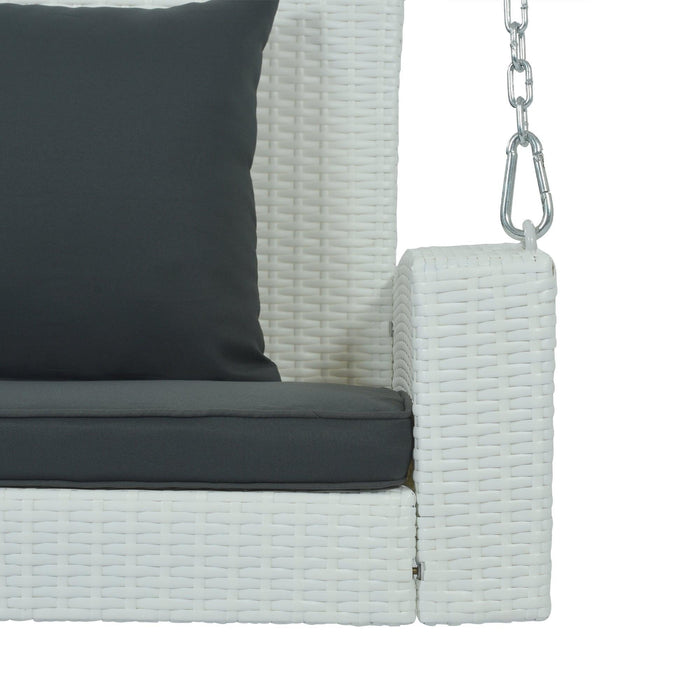 2-Person White Wicker Hanging Porch Swing with Chains, Black Cushions and Pillows