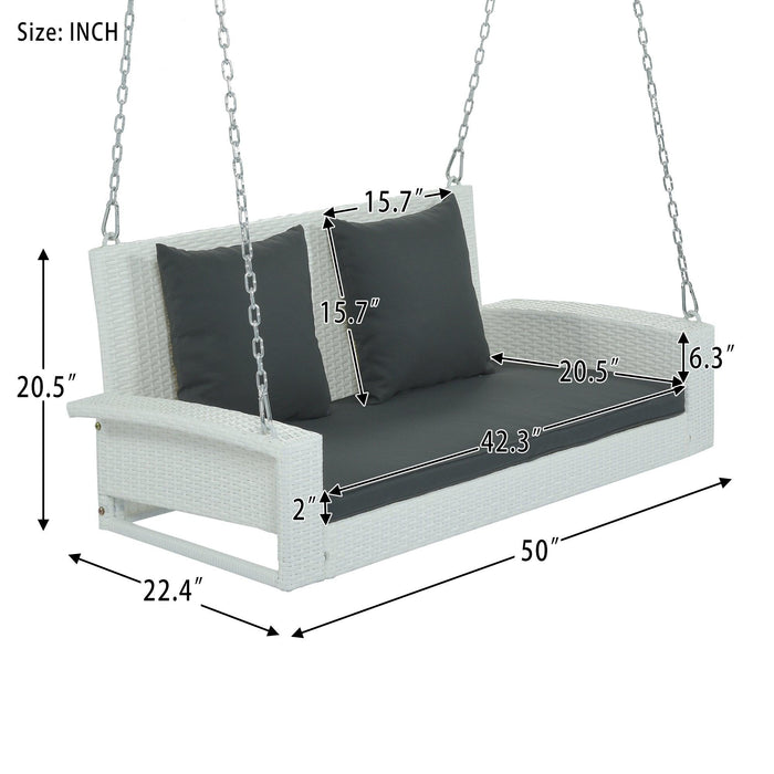 2-Person White Wicker Hanging Porch Swing with Chains, Black Cushions and Pillows