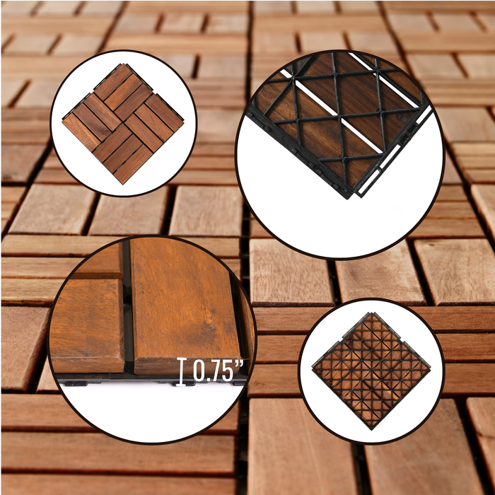 10 PCS Outdoor Square Brown Acacia Hardwood 12" x 12" Interlocking Deck Tiles Checker Pattern