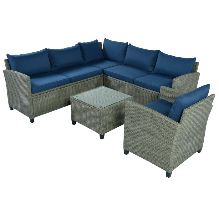 5 PCS Outdoor Patio Sectional Sofa Set with Coffee Table, Blue Cushions and Single Chair