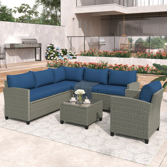 5 PCS Outdoor Patio Sectional Sofa Set with Coffee Table, Blue Cushions and Single Chair