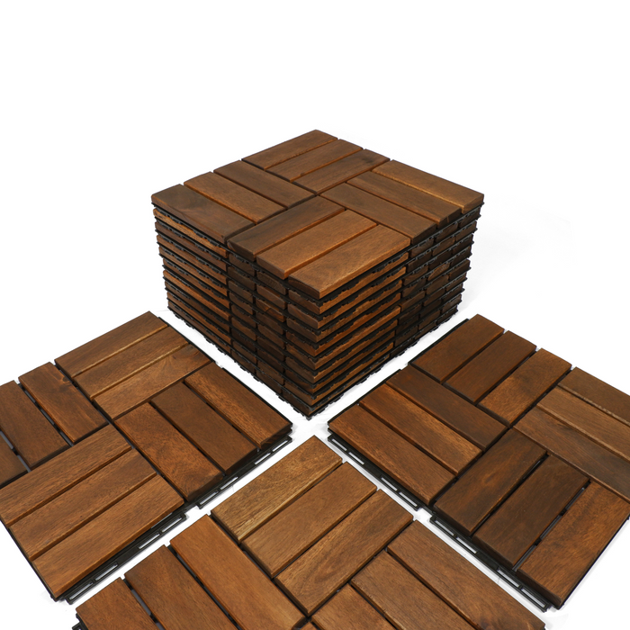 10 PCS Outdoor Square Brown Acacia Hardwood 12" x 12" Interlocking Deck Tiles Checker Pattern