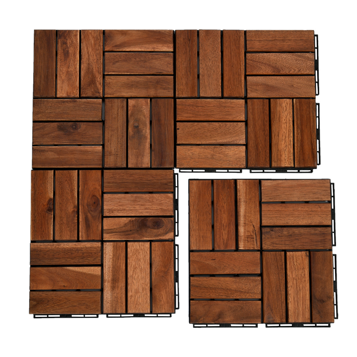 10 PCS Outdoor Square Brown Acacia Hardwood 12" x 12" Interlocking Deck Tiles Checker Pattern