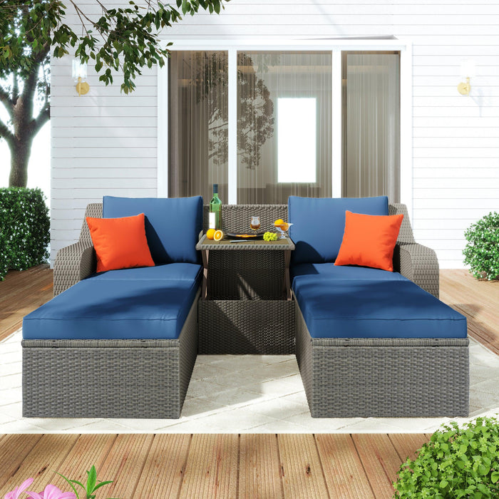 3PCS Outdoor Patio Rattan Wicker Sofa with Ottomansm Blue Cushions, and Lifted Top Coffee Table