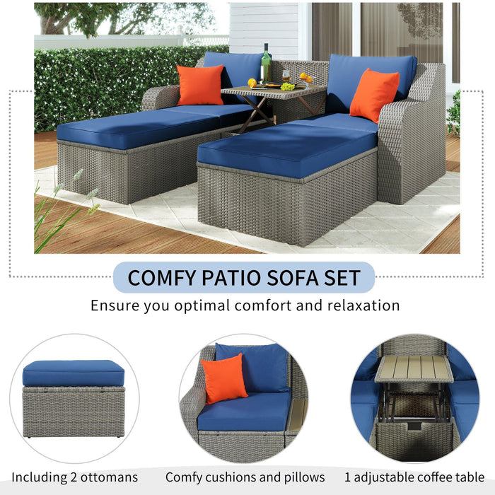 3PCS Outdoor Patio Rattan Wicker Sofa with Ottomansm Blue Cushions, and Lifted Top Coffee Table