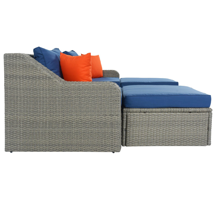 3PCS Outdoor Patio Rattan Wicker Sofa with Ottomansm Blue Cushions, and Lifted Top Coffee Table