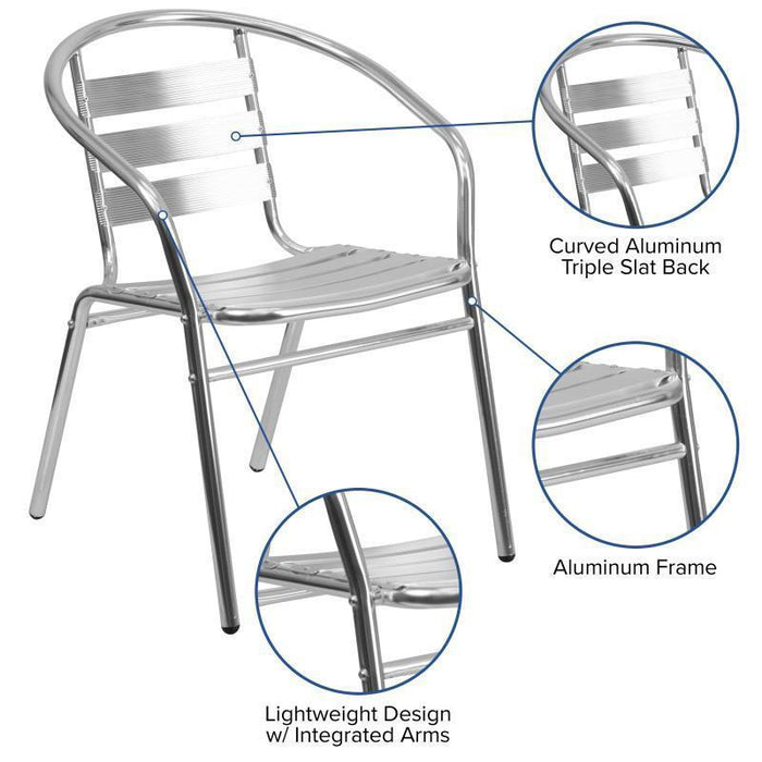 Lila Commercial Aluminum Indoor-Outdoor Restaurant Stack Chair with Triple Slat Back and Arms