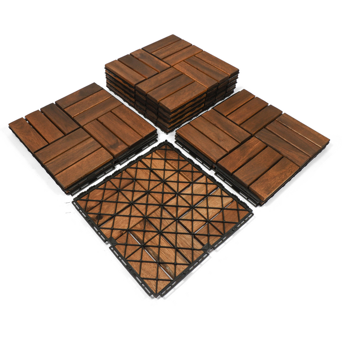 10 PCS Outdoor Square Brown Acacia Hardwood 12" x 12" Interlocking Deck Tiles Checker Pattern