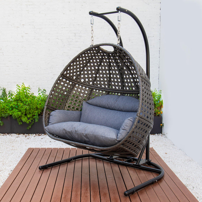 Charcoal Rattan Wicker Hanging Double-Seat Swing Chair with Stand and Dust Blue Cushion